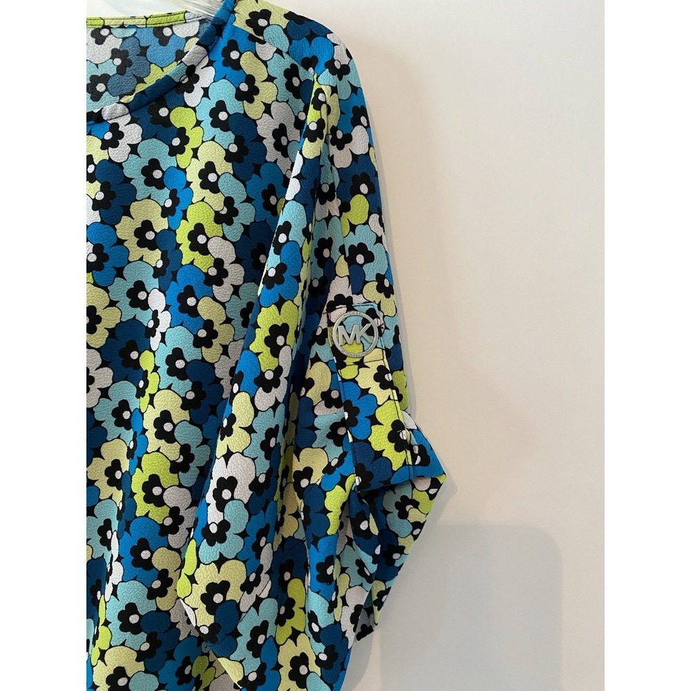 Michael Kors Short Sleeve Blouse Sz Large Smocked Hem Blue Teal Floral Designer - Picture 6 of 9